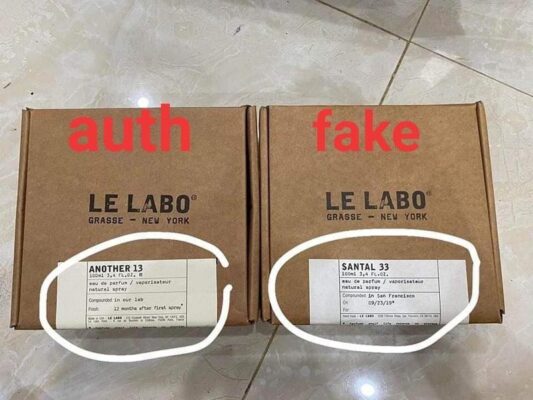 Giấy in nhãn trên hộp Le Labo thật (trái) có màu ngả vàng so với hàng fake (phải)
